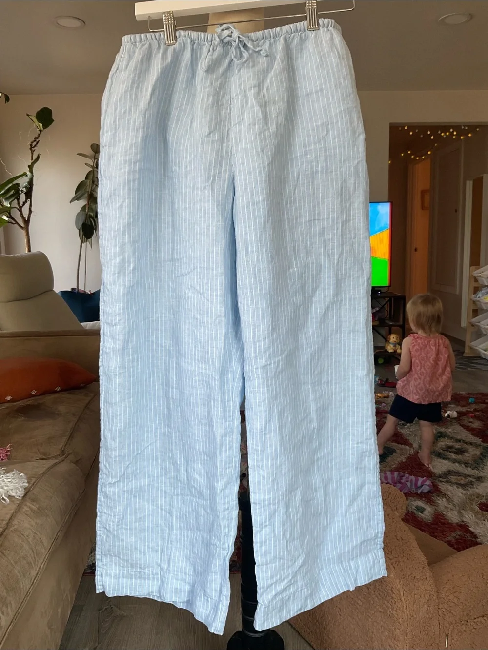 🏖️Everlane 100% European Flax Linen Wide-Leg Drawstring Pants Blue Pinstripe